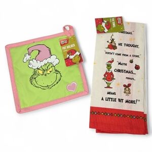 Dr. Seuss Grinch Pot Holder and Tea Towel Set Christmas Green and Pink